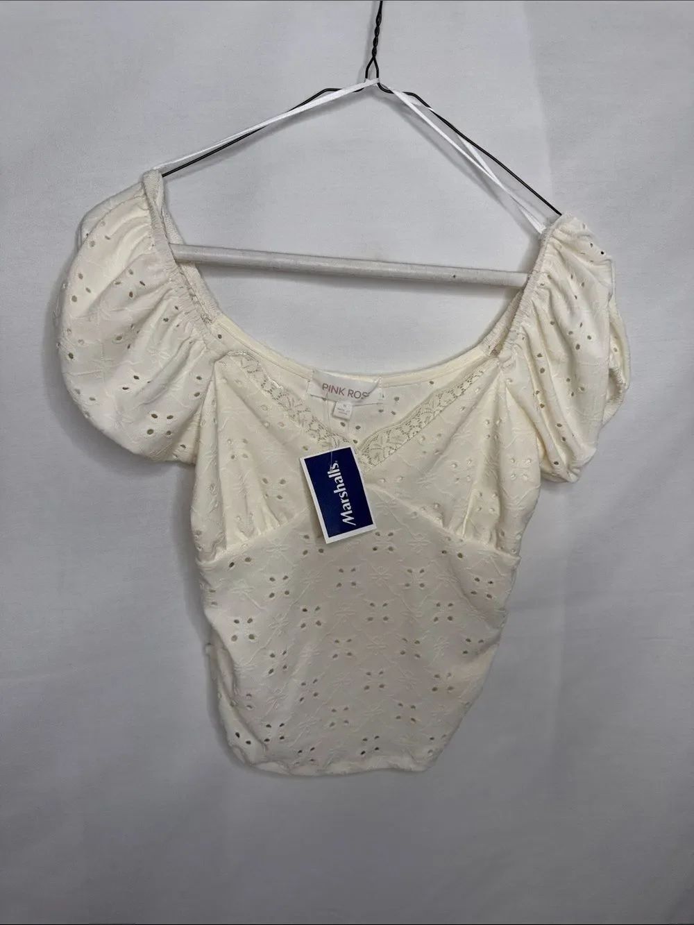 Pink Rose Cream Eyelet Puff-Sleeve Crop Top